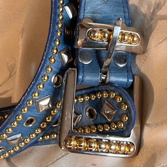 Studded Blue Leather Belt with Gold Accents - Picture 4 of 4